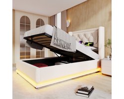 REDOM Opbergbed 90x200x101 cm van katoen, hydraulisch liftsysteem en hoofdbord met USB/Type-C