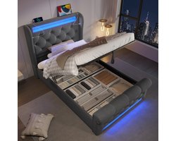 REDOM Opbergbed 90x200x110 cm van fluweel, hydraulisch liftsysteem met LED en USB/Type-C