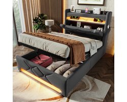 REDOM Opbergbed 90x200x111 cm van linnen, hydraulisch liftsysteem en LED-verlichting