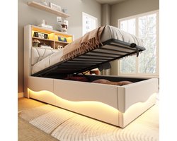 REDOM Opbergbed 90x200x131 cm van linnen stof, hydraulisch liftsysteem en LED