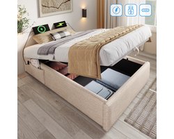 REDOM Opbergbed 91x202x29 cm van linnen, hydraulisch liftsysteem en USB/Type-C