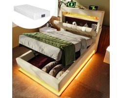 REDOM Opbergbed 92x218x112 cm van linnen, LED-verlichting en hoofdbord met USB/Type-C