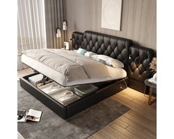 REDOM - Opbergbed met Hoofdbord – 180x200 cm – Gecapitonneerd – Met Leeslampjes en USB – Hydraulisch – PU Leer – Zwart