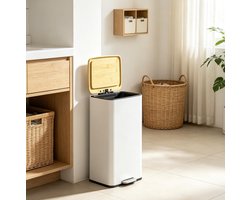 REDOM - Pedaalemmer - Met afneembare binnenemmer en soft-close deksel - 90° openhoudfunctie - Moderne stijl - Keuken, kantoor en kleine ruimtes - Metaal, bamboe en PP - Wit - 29,5 x 29,5 x 56,8 cm