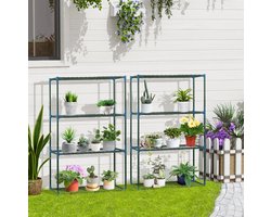 REDOM - Plantenrek - 2-delige set met vier etages - Open stellingkast - Voor planten en tuinspullen - Staal - Groen - 70 x 27 x 110 cm