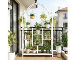 REDOM - Plantenstandaard - 5 lagen - met 6 vierkante haken en 8 S-haken - open kast - voor woonkamer balkon of tuin - metaal en spaanplaat - Wit - 100 x 30 x 190 cm