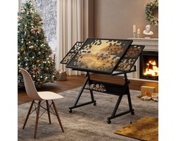 REDOM - Puzzeltafel - Verstelbare Hoogte En Kantelbaar Blad - Met Opbergvakken En Wielen - MDF En Metaal - Zwart