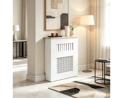 REDOM - Radiatorombouw - Lamellen en honingraatmotief - Wandmontage - Bovenblad als plank - Woonkamer, slaapkamer of gang - MDF en hout - Wit - 78 x 19 x 81 cm