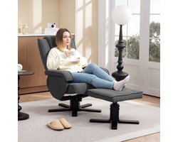 REDOM - Relaxstoel Met Voetenbank - Verstelbaar En 360° Draaibaar - Modern - Voor Woonkamer - Polyester - Donkergrijs