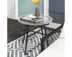 REDOM - Ronde Bijzettafel - Boho Stijl - Gehard Glazen Tafelblad - Metalen Frame Met PE-Rattan Rand - Grijs - 50 x 50 x 50 cm