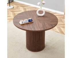 REDOM - Ronde eettafel - 4-delig MDF tafelblad - Zuilvoet met metalen ondersteuning en opbergruimte - Walnoot - Ø 100 x 76 cm