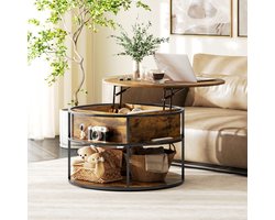 REDOM - Ronde Salontafel - In Hoogte Verstelbaar - Met Opbergruimte - Klassiek - Voor Woonkamer - Hout En Staal - Bruin - Ø80 Cm