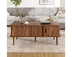 REDOM - Salontafel - In hoogte verstelbaar en uitschuifbaar tafelblad - Verschuifbare deur - MDF en houten poten - Retro - Woonkamer - Walnoot - 100 x 48 x 55,5 cm