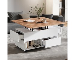 REDOM Salontafel met Hefblad en Opbergruimte 100 x 50 cm – Uitschuifbaar tot 100 x 100 cm – 4 Laden & 4 Wielen – Voor Woonkamer – Spaanplaat – Wit met Eikenlook
