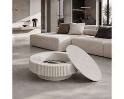 REDOM - Salontafel met opbergruimte - Rond deksel met verborgen opbergruimte - Geribbelde vorm - Moderne stijl - MDF met houtfineer - Retro wit - 75 x 75 x 35 cm