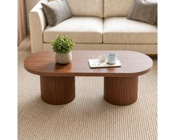 REDOM - Salontafel - Ovaal tafelblad - Met metalen versterkt frame en twee cilindrische poten - Retro stijl - Woonkamer - MDF - Walnootkleur - 100 x 50 x 35 cm