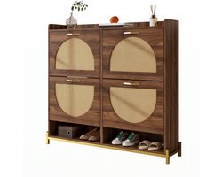 REDOM - Schoenenkast 108,5x24x100 cm - 4 kleppen en 2 open vakken - Rotanlook - Walnootkleur