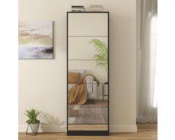 REDOM - Schoenenkast met spiegel - 5 kleppen en dubbel laags schoenenvak - Ruimtebesparend - Modern - Hal - MDF - Zwart - 185 x 63 x 23,6 cm