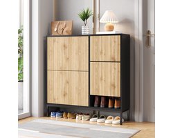 REDOM - Schoenenkast met uitklapbare zitbank - Drie kleppen en open vak - MDF - Zwart en naturel - 100 x 25 x 100 cm
