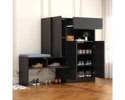 REDOM - Schoenenkast Met Zitbank - Geribbelde Deuren En Zachtsluitende Deuren - Modern - Voor De Hal - Spaanplaat - Zwart - 130 X 35 X 110 Cm