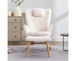 REDOM - Schommelstoel Met Voetenbank – Comfortabele Relaxstoel Met Hoofdsteun – Voor Woonkamer En Leeshoek – Stof En Massief Hout – Wit