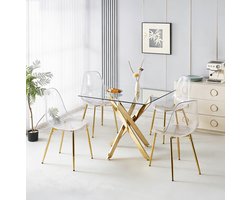 REDOM- Set tafel en stoelen - 1 tafel en 4 stoelen - Glazen tafelblad - Hoge rugleuning - Modern - Eetkamer - Metaal en kunststof - Goud en transparant - 81,5 x 48 x 45 cm
