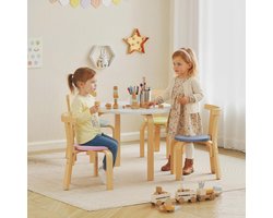 REDOM - Set tafel en stoelen - 5-delig kindermeubel - 1 tafel en 4 stoelen - Afgeronde hoeken - Speelkamer en klaslokaal - Hout - Meerkleurig - 60 x 60 x 50 cm
