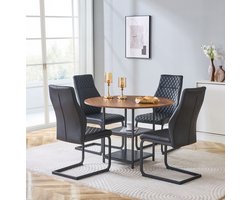 REDOM - Set tafel en stoelen - Ronde eettafel met dubbele opberglaag - Industrieel design - MDF en metaal - Zwart - 4 stoelen - 107 cm