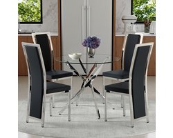 REDOM - Set tafel en stoelen - Ronde eettafel van gehard glas - 4 stoelen met hoge rugleuning - Modern - Metaal en PU-leer - Zwart Zilver Transparant - 88 x 88 x 75 cm