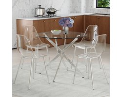 REDOM - Set tafel en stoelen - Ronde eettafel van gehard glas - Transparante kunststof stoelen met metalen frame - Modern - Woonkamer - Transparant, Zilver - 88 cm