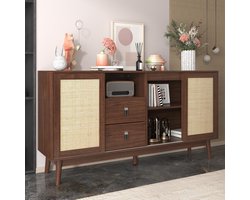 REDOM Sideboard 155×38×80 cm – Rattan schuifdeuren, 2 lades met aluminium-leren grepen, massief houten poten multifunctioneel