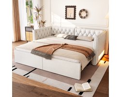 REDOM Slaapbank 219x180x73 cm van linnen en MDF, met uitschuifbed en LED-licht