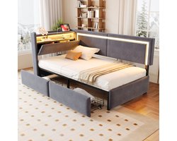 REDOM Slaapbank 90x200 cm – Donkergrijs Fluweel – Opbergruimte (Lades & Vakken) – LED met Smartphone – USB – 12 Latten – Logeerkamer Studio