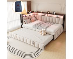 REDOM Slaapbank 90x200 cm – Uitschuifbaar Logeerbed 90x190 cm – LED Verlichting & USB/Type-C – Met Opbergruimte – Voor Tienerkamer Of Studio – Fluweel Beige