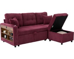 REDOM - Slaapbank Met Opbergruimte En USB-C - Minimalistisch - Voor Woonkamer Of Logeerkamer - Cord - Wijnrood - 196 X 82-144 X 85 Cm