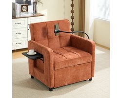 REDOM - Slaapfauteuil - 2-In-1 - Verstelbare Rugleuning - Modern - Met Opbergruimte En Tafeltje - Chenille - Oranje - 167 X 79 X 83 Cm
