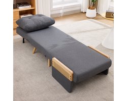 REDOM - Slaapfauteuil 3-in-1 - 5-voudig verstelbare rugleuning - Uitklapbaar gastenbed - Rotan armleuningen - Polyester stof - Grijs - 67,5 x 73 x 86,5 cm