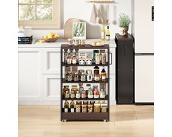 REDOM- Slim Storage Cart - Open kast met 4 verstelbare planken - Met wielen - Industrieel - Keuken en badkamer - MDF - Zwart en Bruin - 55 x 20 x 85 cm