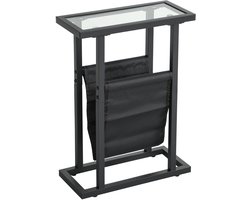 REDOM Smalle bijzettafel met gehard glas en linnen opbergzak, zwart metalen frame — 40×18×55,5 cm, draagvermogen 13 kg