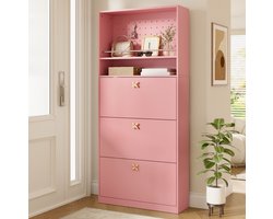 REDOM - Smalle hoge schoenkast - 3 klapvakken - 2 open opbergvakken met perforatiebord - Gouden klaverhandgrepen - Spaanplaat - Roze - 80 x 24 x 178,5 cm