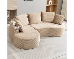 REDOM - Sofa - Gebogen Ontwerp Met Bekerhouders En Zijvakken - Modern - Voor Woonkamer - Cord - Khaki - 250 x 152 x 82 cm
