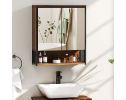 REDOM - Spiegelschrank - Wandmontage - Zacht sluitende deuren - Open en gesloten opbergruimte - Modern - Badkamer - MDF en spaanplaat - Bruin - 56 x 20 x 65 cm