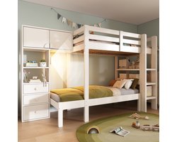 REDOM Stapelbed 90x200x144 cm van metaal & hout, met ladder en opbergruimte