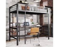 REDOM Stapelbed - Met Bureau En Planken - Metalen Frame Met Spaanplaat - Zwart Met Donker Hout - 90 X 200 Cm