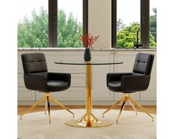 REDOM - Tafel en stoelen set - Ronde glazen eettafel - 360° draaistoelen - Modern - Eetkamer - Metaal, PU leer en glas - Zwart, Goud, Transparant - 85 cm