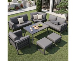 REDOM Tuinloungeset - Modulaire Zitgroep - Veiligheidsglas Salontafel - Afneembare Wasbare Kussenhoezen - IJzer - Grijs