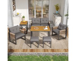 REDOM Tuinmeubelset - 2-Zitsbank En Fauteuil Met Afneembare Tafel - Ijzeren Frame - Gevlochten Armleuningen - Grijs En Naturel