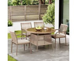 REDOM Tuinmeubelset 5-Delig - Ronde Eettafel Met Gehard Glas - 4 Stoelen Met Armleuningen - IJzeren Frame - Bruin