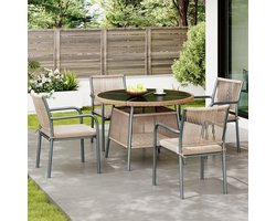 REDOM Tuinmeubelset - Ronde Eettafel En 4 Stoelen Met Armleuningen - Gehard Glas - IJzeren Frame - Grijs - 110 x 110 x 74 cm