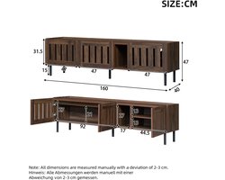 REDOM TV-meubel 160 x 40 x 47 cm van MDF en metaal, walnoot met geperforeerde lamellen en kabeldoorvoer